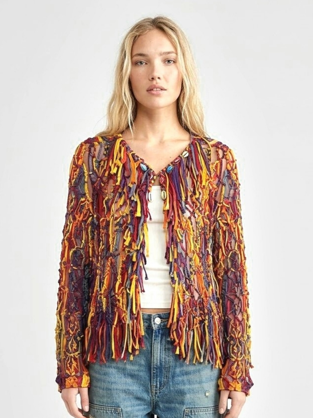 Sandy Starkman Fringe Cardigan Sweater Rainbow in Size Small